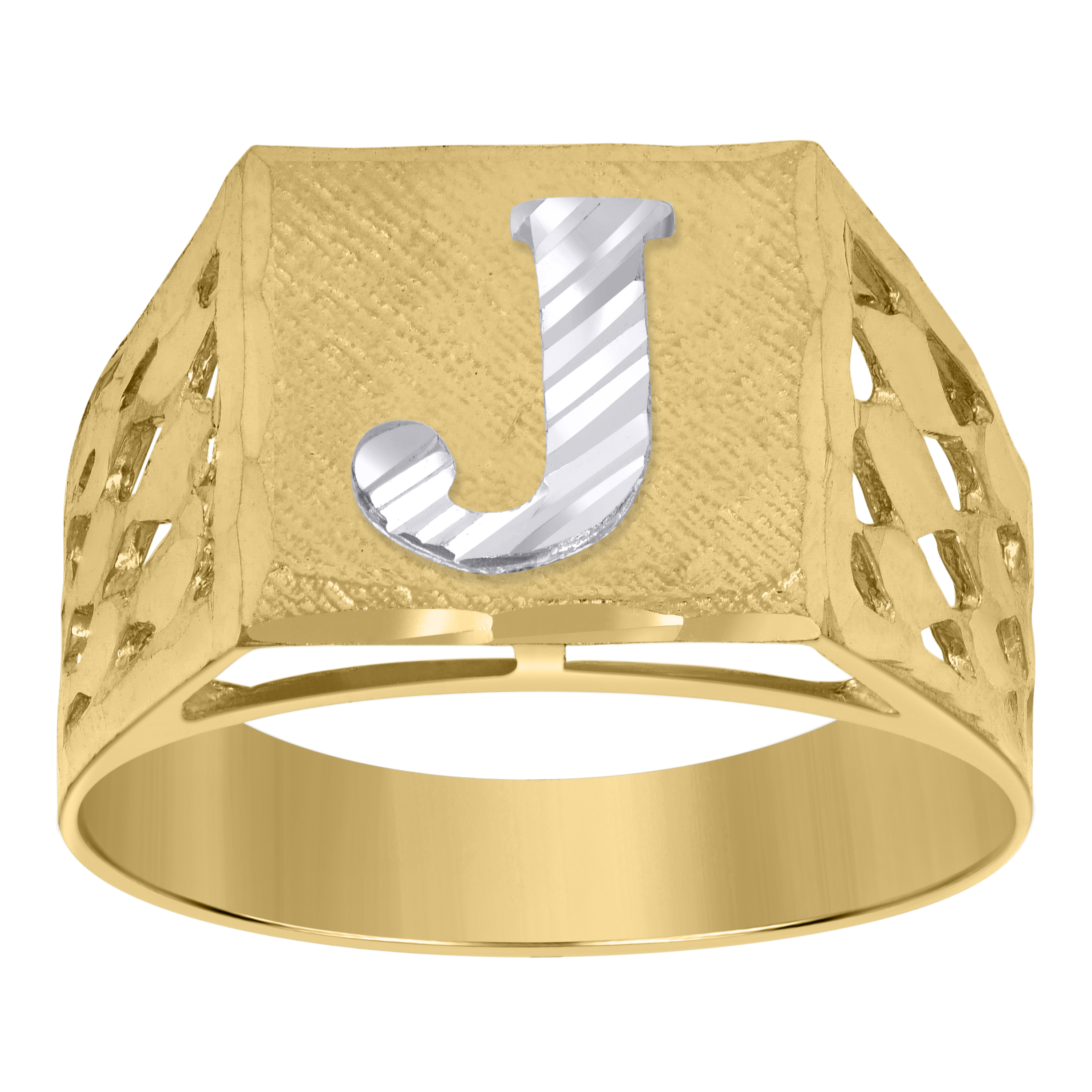 10kt Two-Tone Gold Mens Diamond-Cut Textured Initial Letter J Band Rin