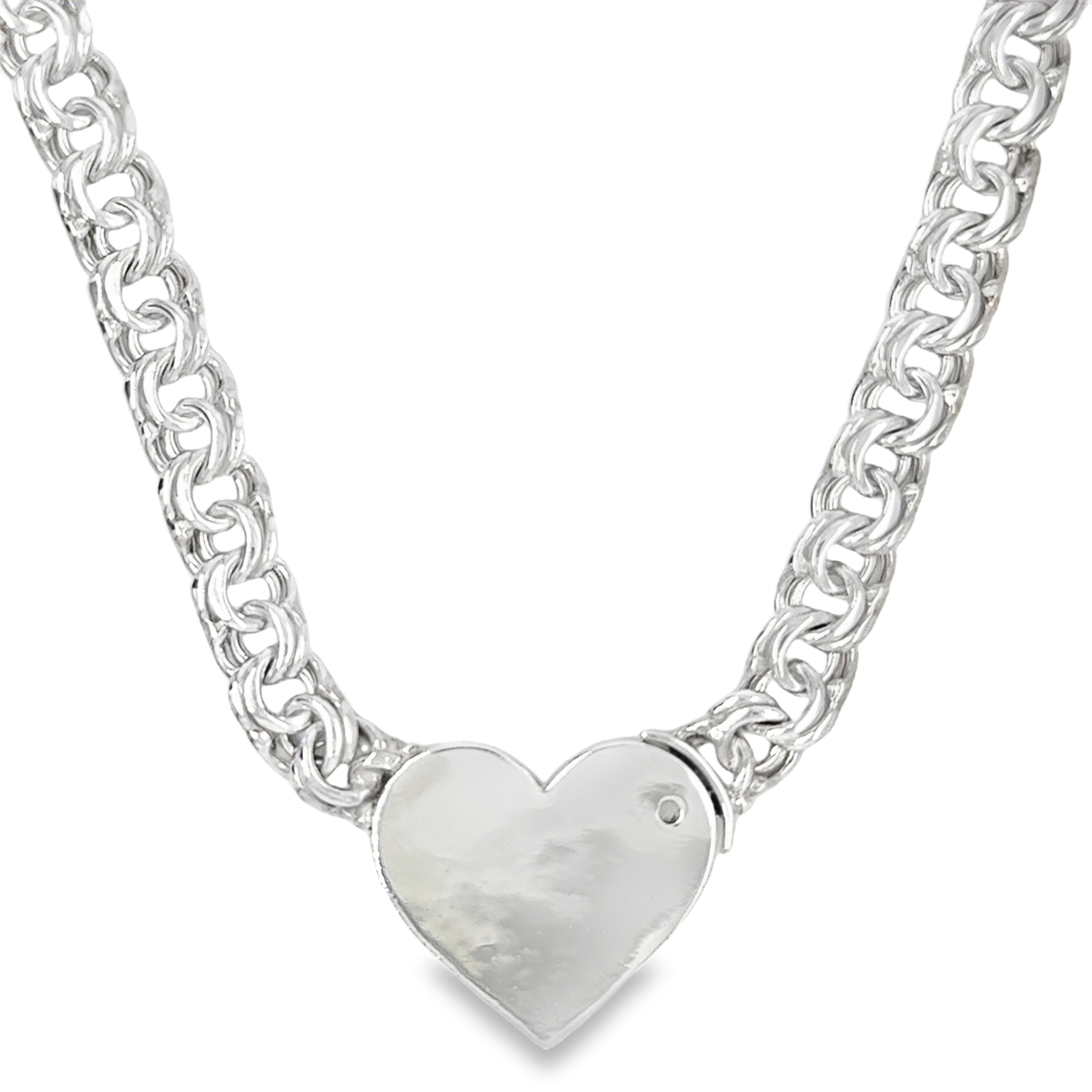 Sterling Silver 9MM Chino Link Big Heart Chain 18 Inches FREE LETTER E