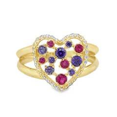 10KT Gold Heart Ring with Purple and Pink Stones