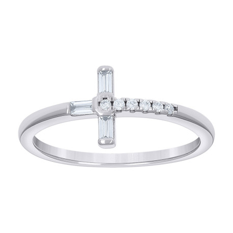925 Sterling Silver Womens Baguette Round Cubic-Zirconia Cross Religious Ring Size 9