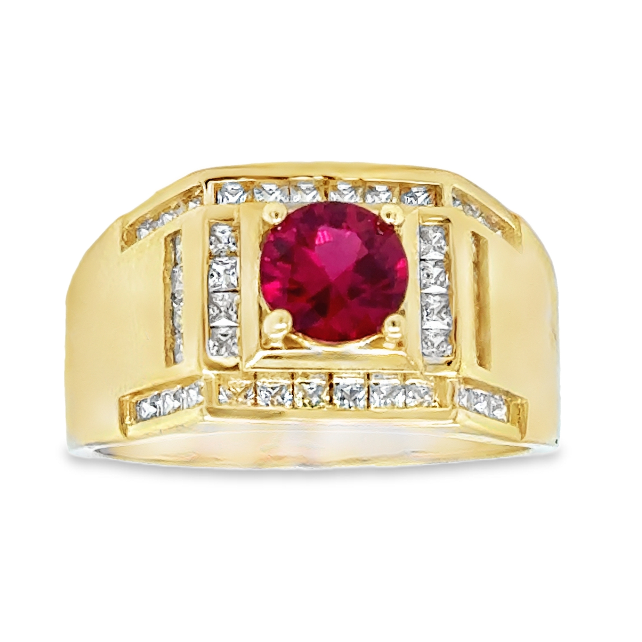 10KT Yellow Gold Mens Ring with Red CZ