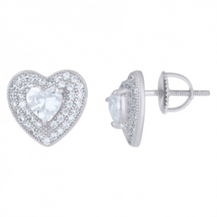 925 Sterling Silver Heart Round Cubic-Zirconia Heart Stud Earrings