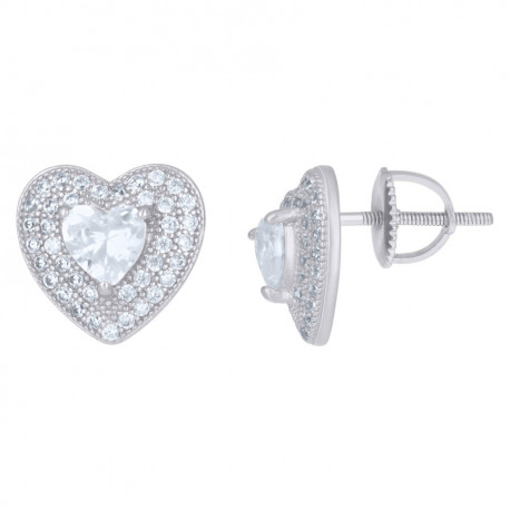 925 Sterling Silver Heart Round Cubic-Zirconia Heart Stud Earrings