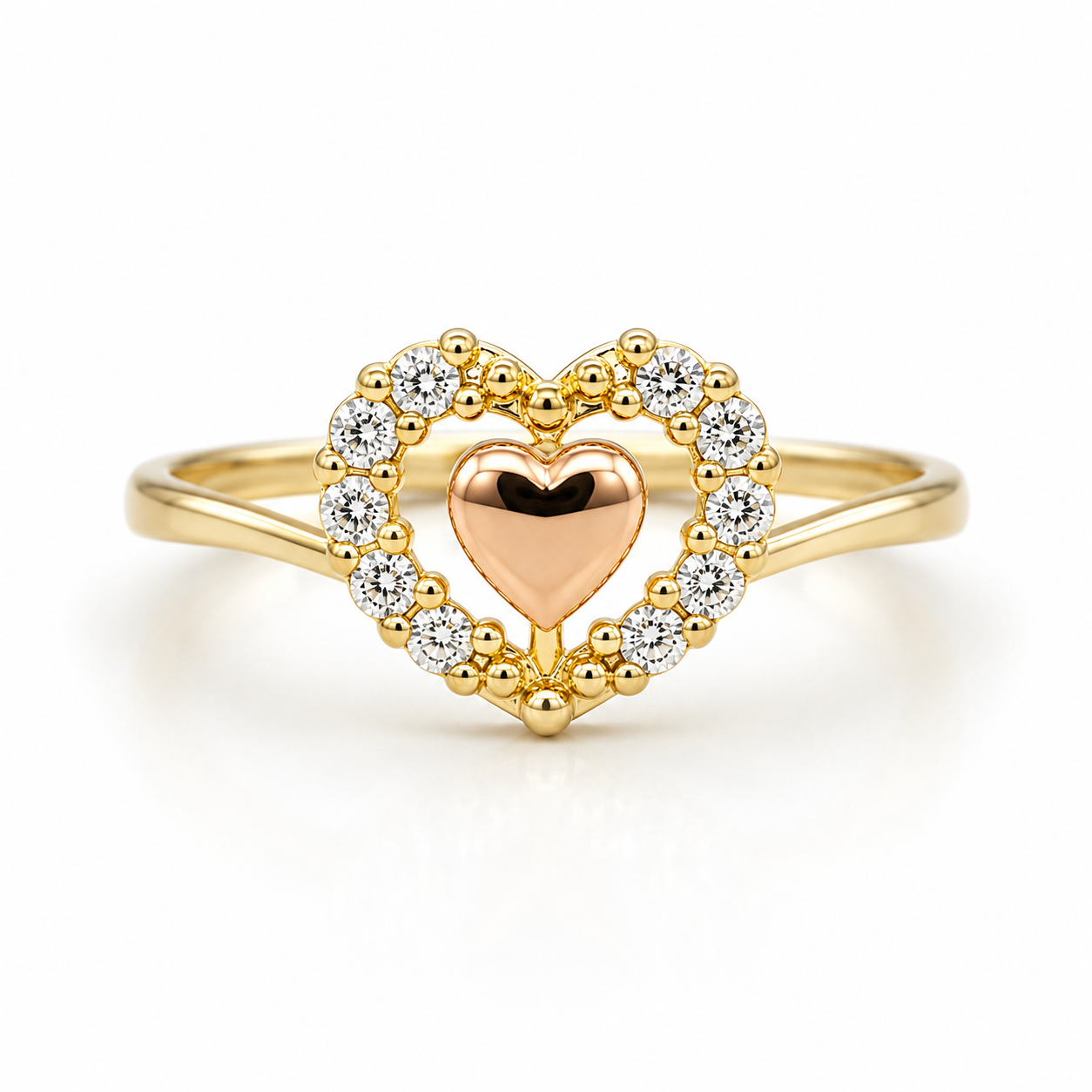 10KT Gold Heart Ring with Rose Gold Heart in Center