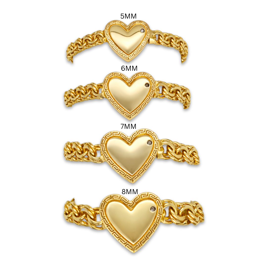 10KT Gold 6MM Chino Link SOLID Heart Bracelet with Greek Border 5.5IN for girls