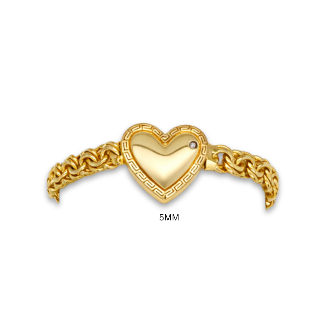 10KT Gold 5MM Chino Link SOLID Heart Bracelet with Greek Border 5IN for girls