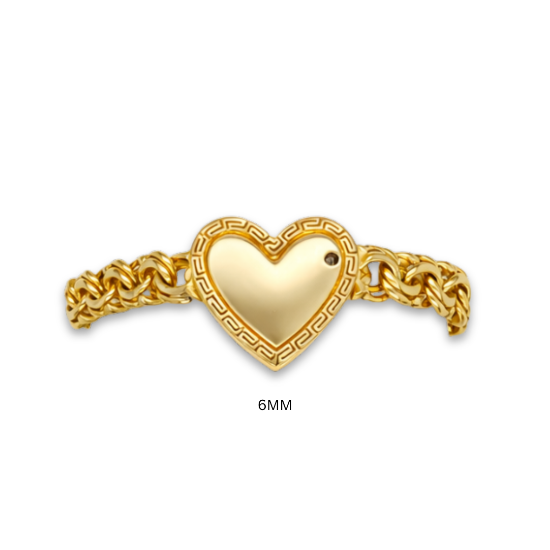 10KT Gold 6MM Chino Link SOLID Heart Bracelet with Greek Border 5.5IN for girls
