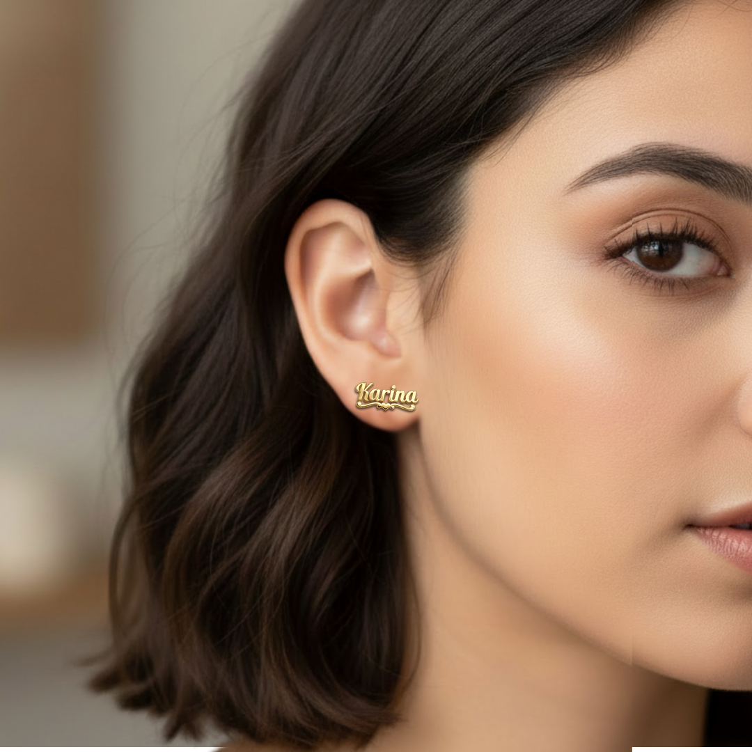 10KT Gold Personalized Name Stud Earrings – Karina Style with Heart Detail