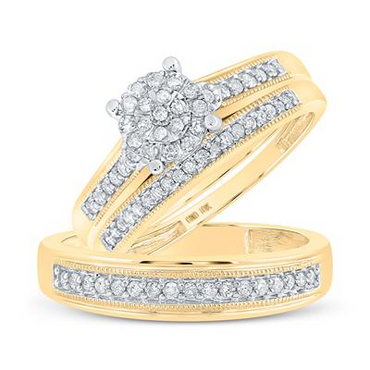 10K YELLOW GOLD ROUND DIAMOND CLUSTER MATCHING WEDDING RING SET 3/8 CTTW