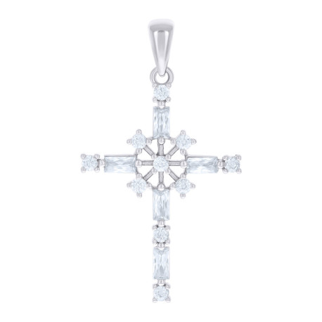 925 Sterling Silver Unisex Baguette Round Cubic-Zirconia Cross Religious Charm Pendant
