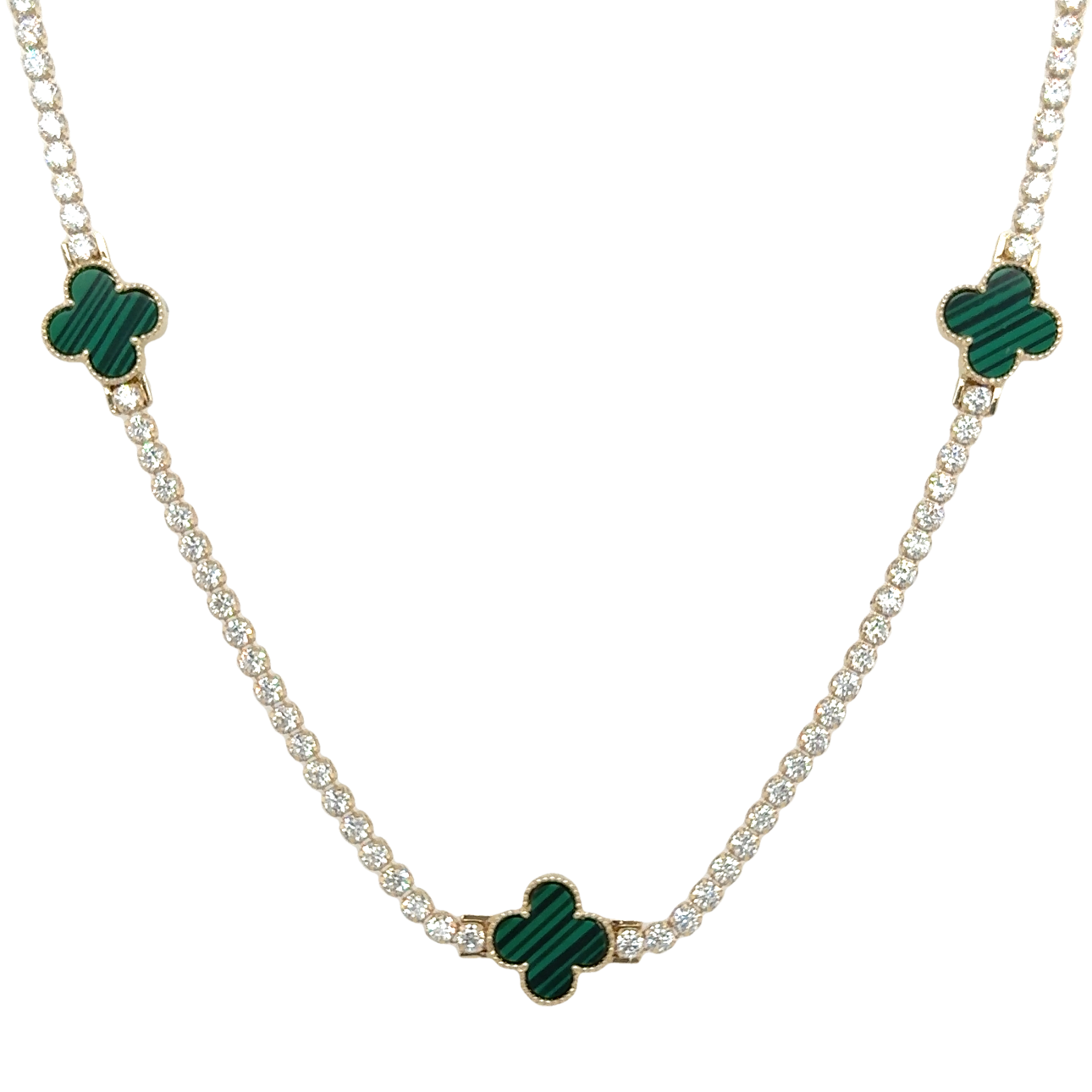 10KT Gold Tennis Necklace with Green Clovers 17