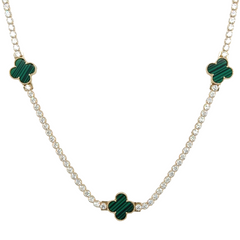 10KT Gold Tennis Necklace with Green Clovers 17