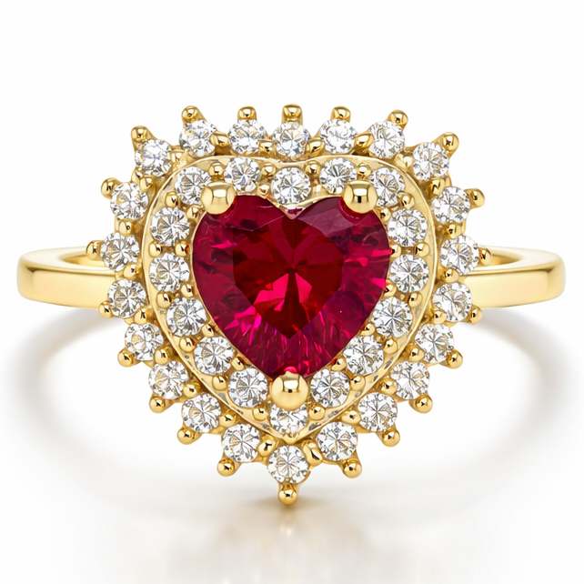 10KT Gold Double Halo Red Heart CZ Ring