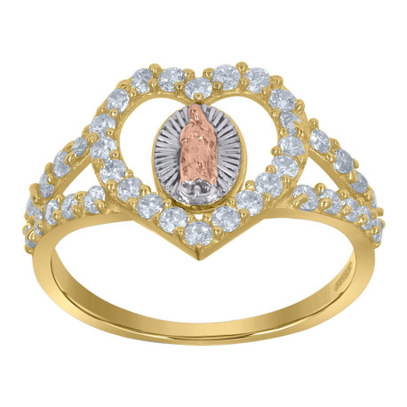 10Kt Gold Womens Cubic Zirconia Heart Virgin Mary Virgen de Guadalupe Religious Ring