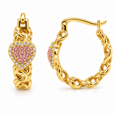 10KT Gold Chino Hoop Earrings with Pink Heart Stones 20MM