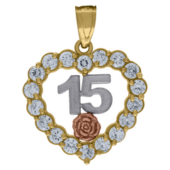 10kt Gold Tri-Color Cubic-Zirconia 15 Quinceanera Charm Pendant 22MM w