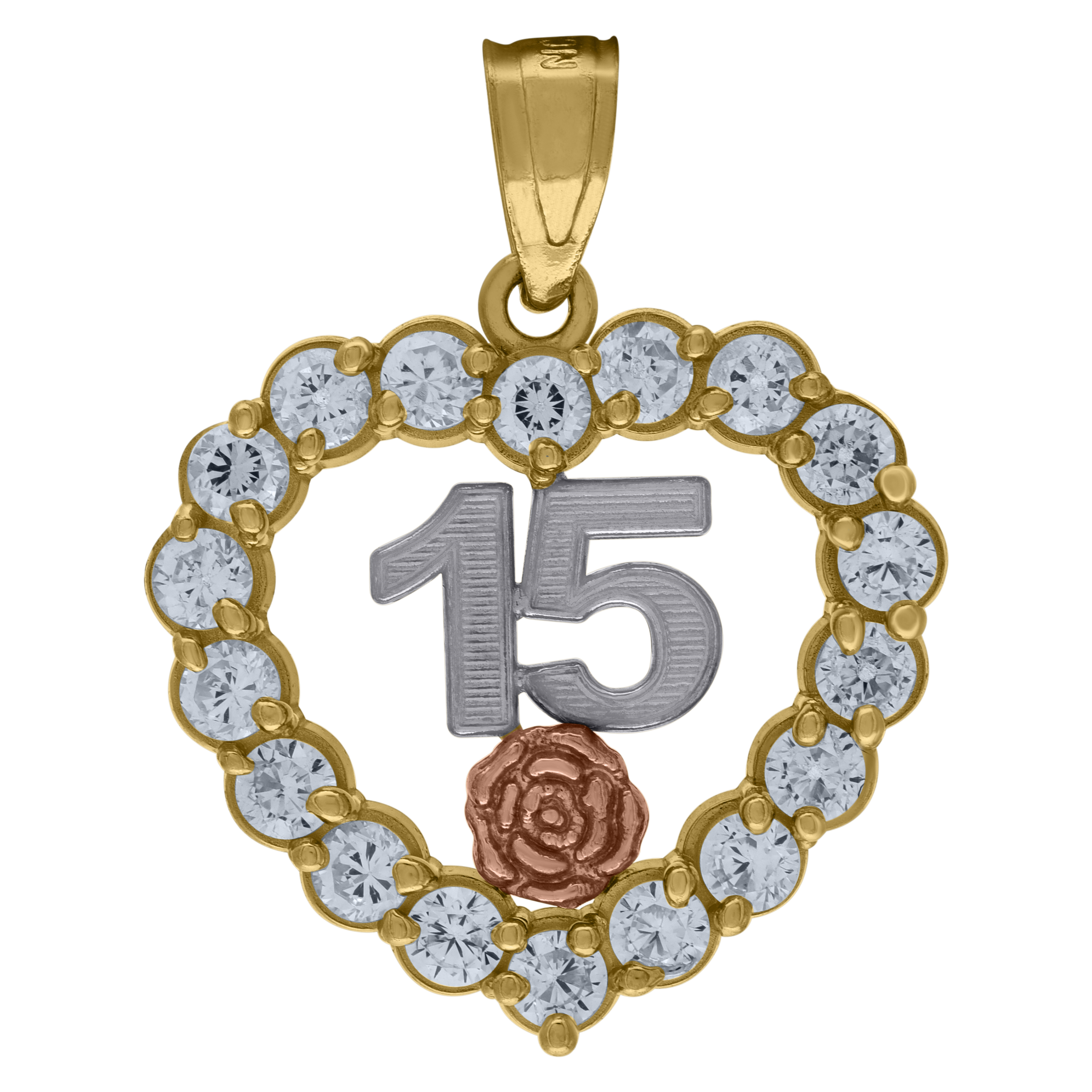 10kt Gold Tri-Color Cubic-Zirconia 15 Quinceanera Charm Pendant 22MM w