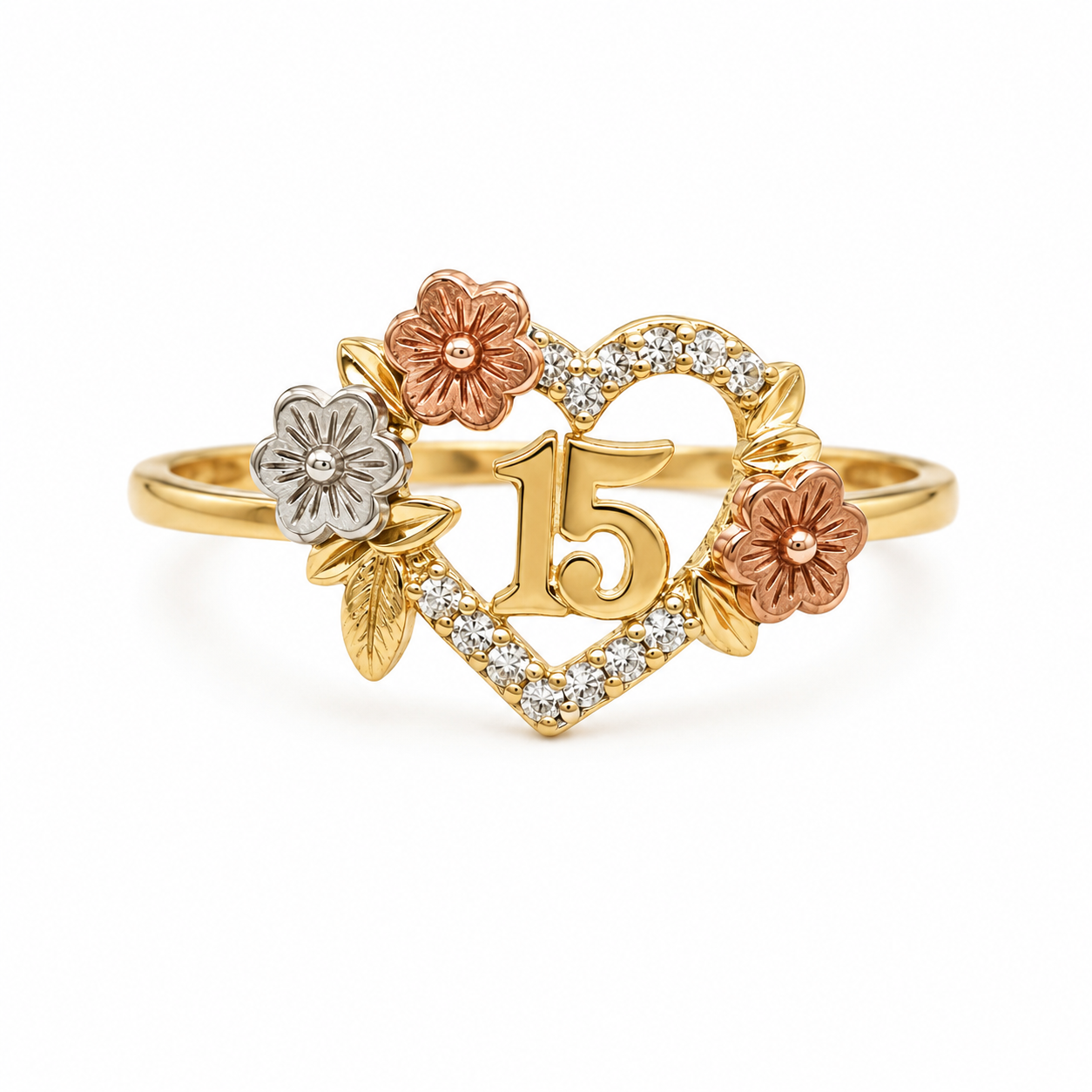 10kt Yellow Gold Quinceanera Heart Ring with Flowers