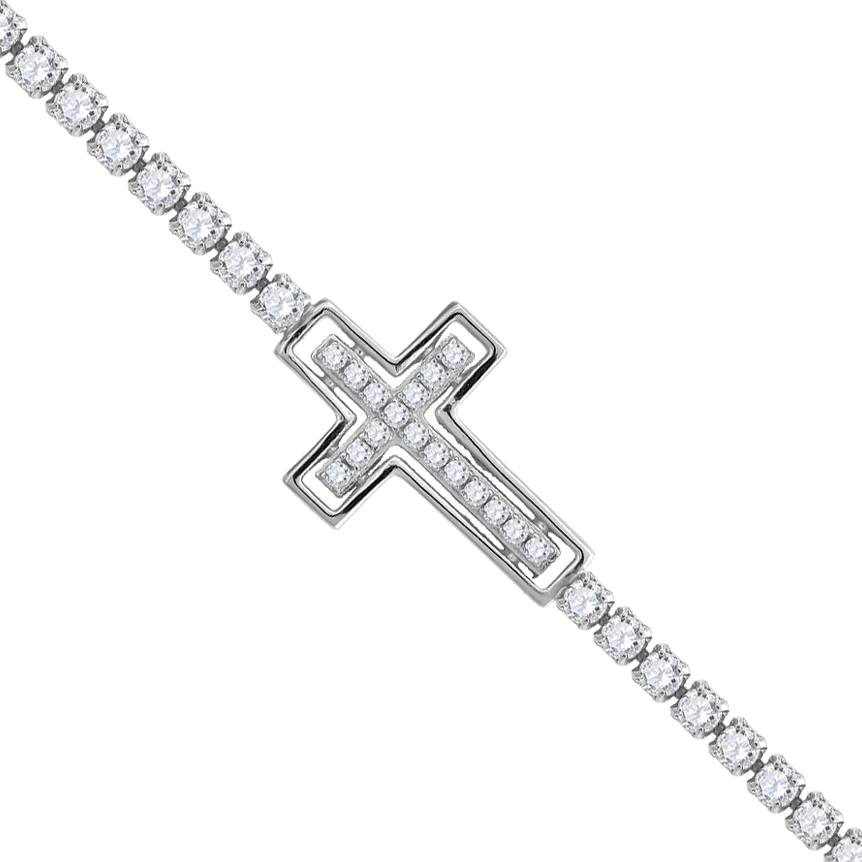 925 Sterling Silver Womens Cubic Zirconia Box Chain Cross Bracelet 22