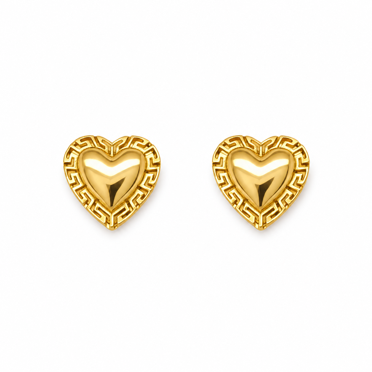 10KT Yellow Gold 9MM Heart Earrings with Greek Border FREE ENGRAVING