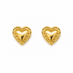 10KT Yellow Gold 9MM Heart Earrings with Greek Border FREE ENGRAVING