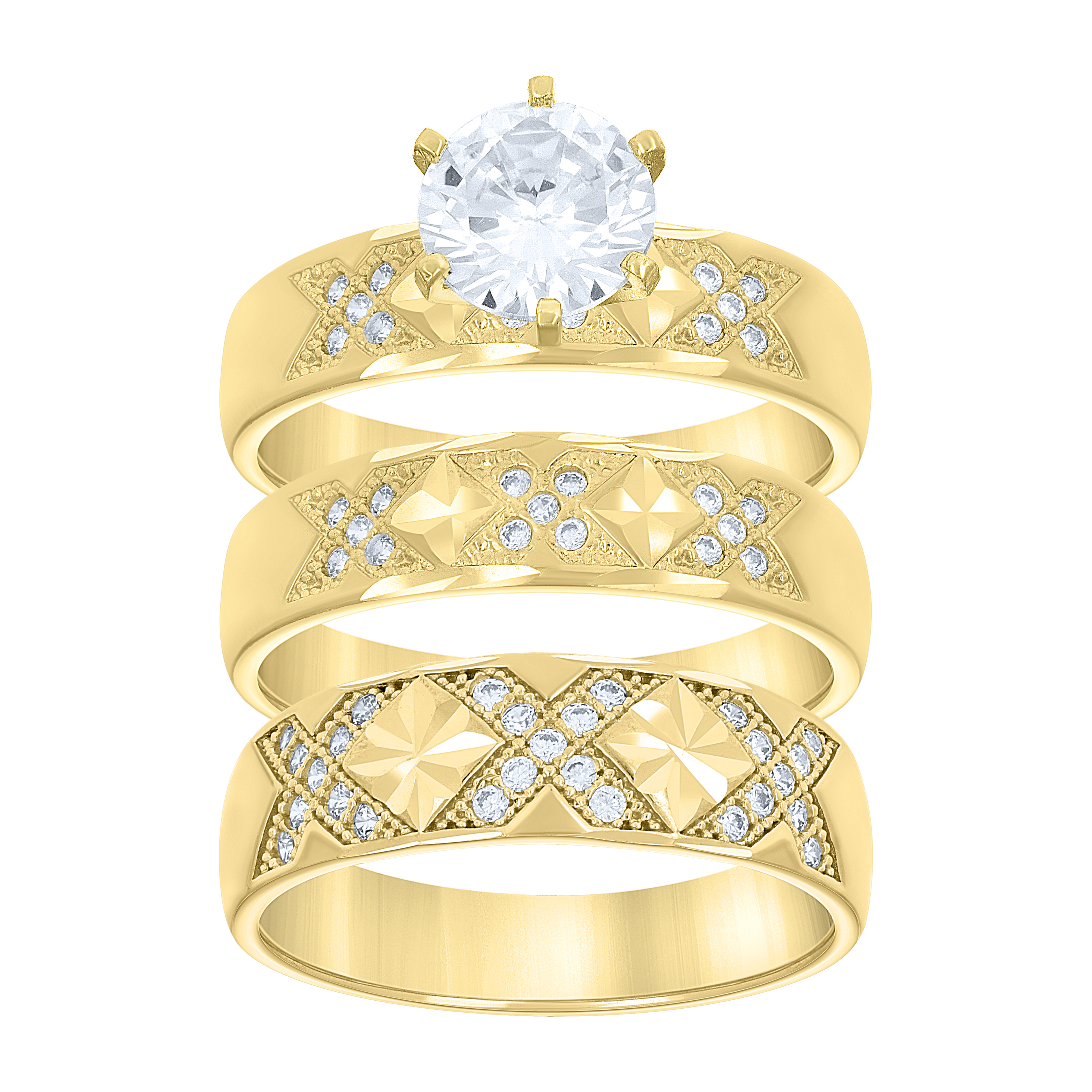 10kt Yellow-Color Gold Wedding Cubic-Zirconia Trio Ring His and Hers S
