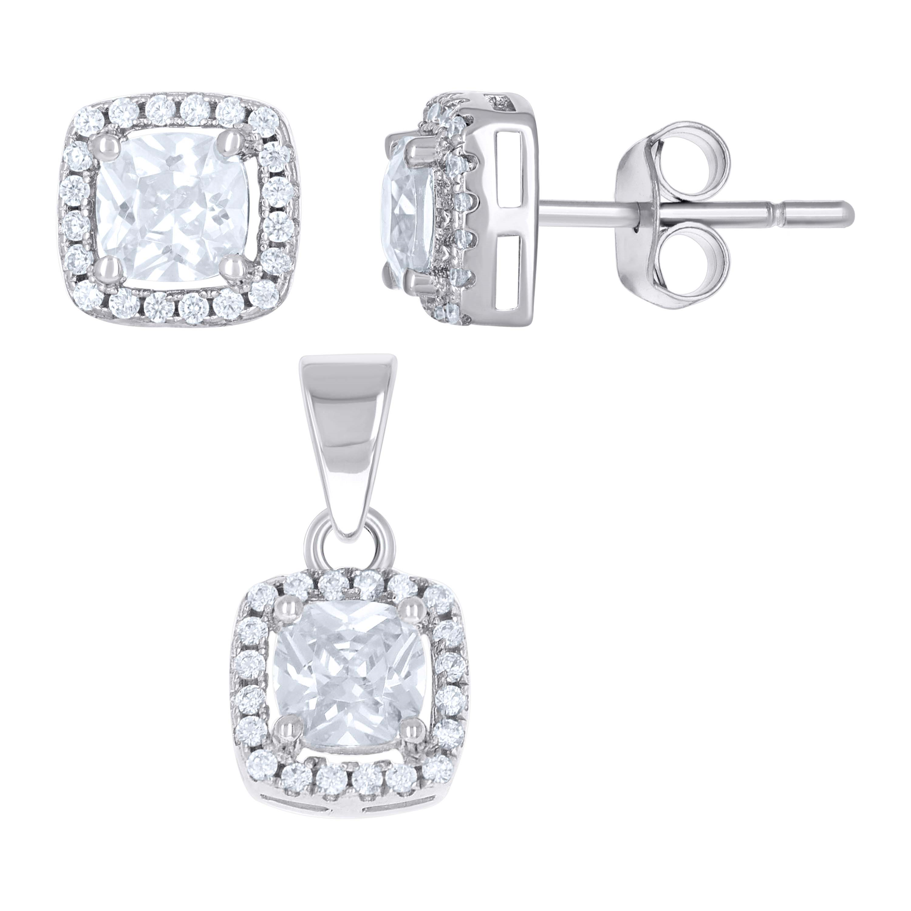 925 Sterling Silver Womens Cushion-Cut Round Cubic-Zirconia Halo Squar