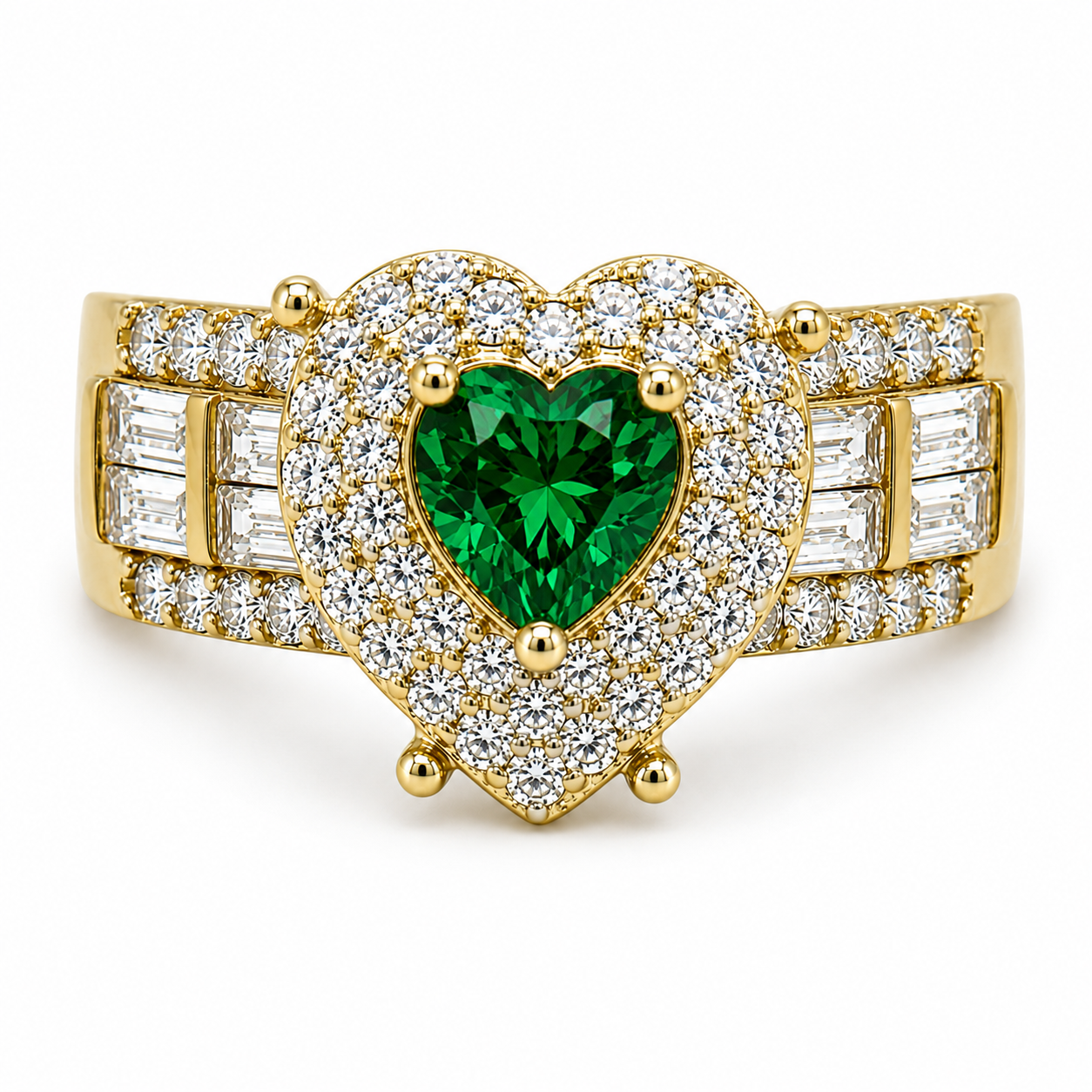 10KT Gold Heart Ring with Baguettes Green Stone