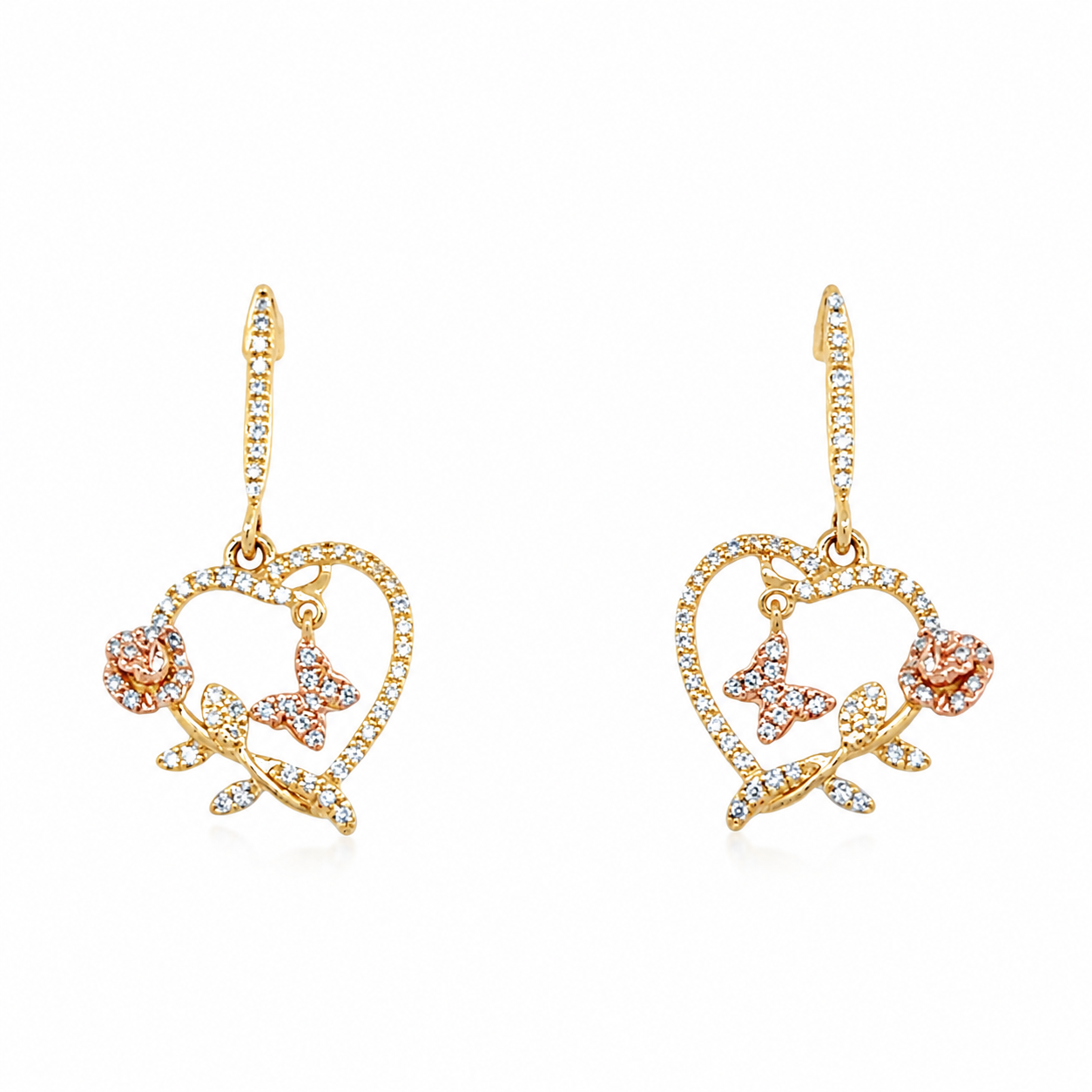 10KT 0.15CT- DIAMOND HEART EARRING WITH WITH BUTTERFLY AND ROSE