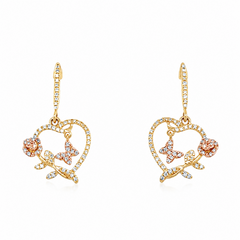 10KT 0.15CT- DIAMOND HEART EARRING WITH WITH BUTTERFLY AND ROSE