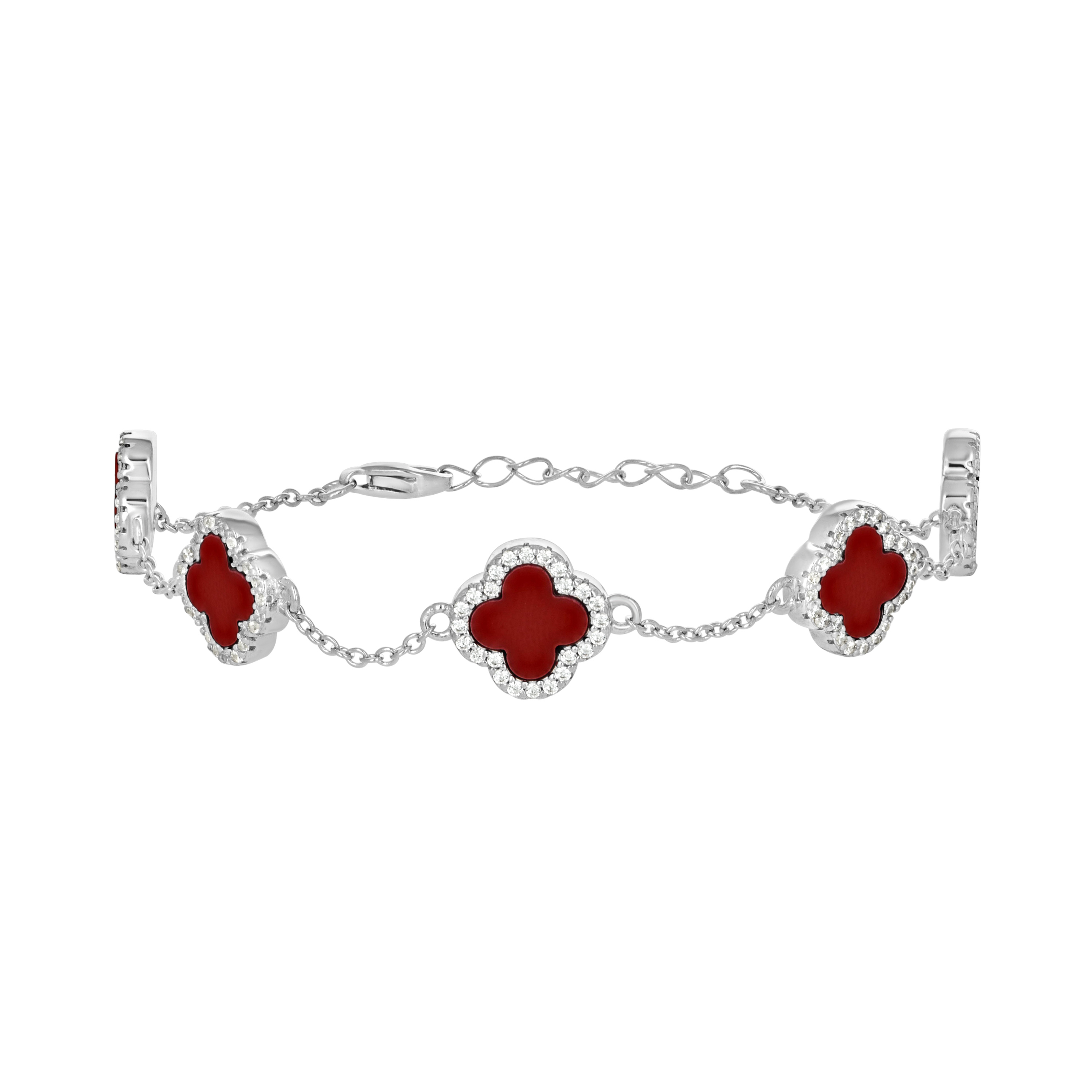 925 Sterling Silver Womens Cubic-Zirconia Red Clover Good Luck Bracele