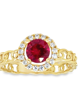 10KT Yellow Gold Womens Cuban Ring with Red Stone and White Halo