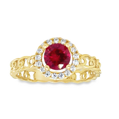 10KT Yellow Gold Womens Cuban Ring with Red Stone and White Halo