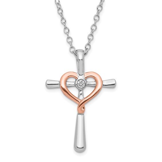 Sterling Silver with 10KT Rose Accent Diamond Heart Cross Necklace