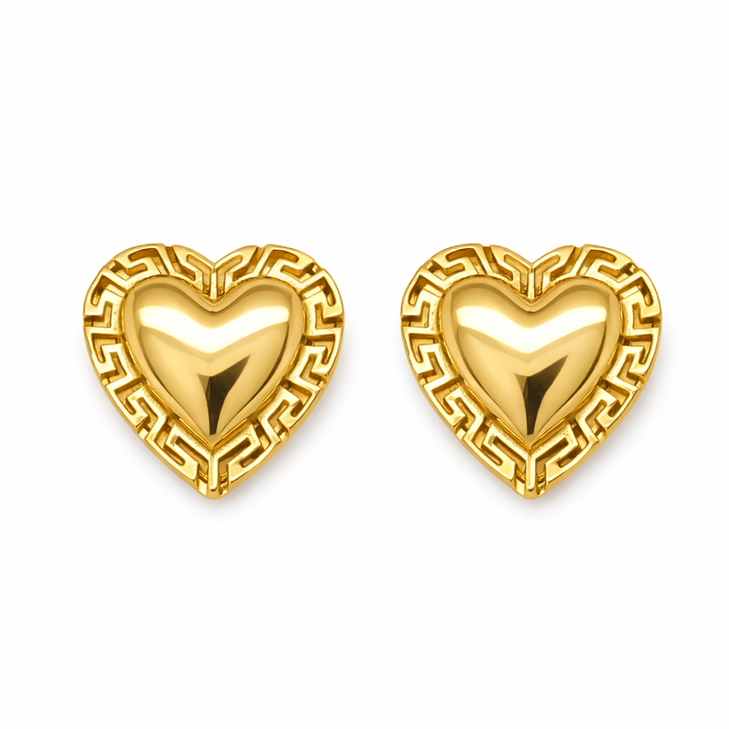 10KT Yellow Gold 12MM Heart Earrings with Greek Border FREE ENGRAVING