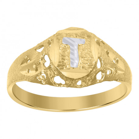 10kt Two-Tone Gold Unisex Kids Children Diamond-Cut Textured Oval Init