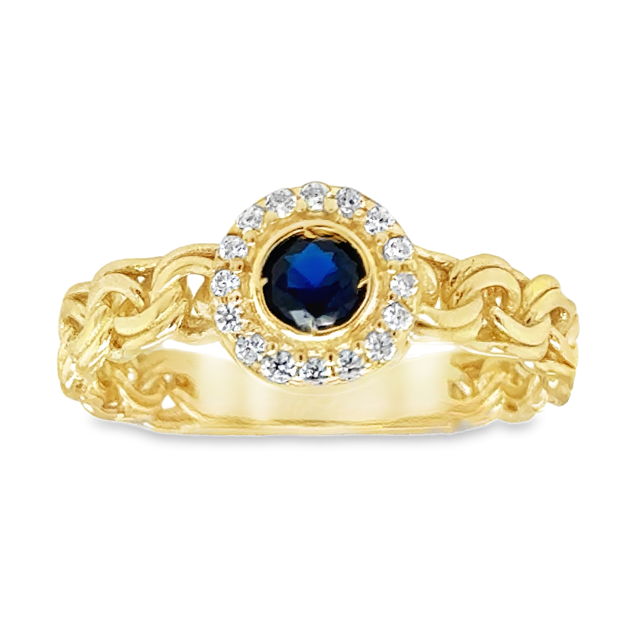 10KT Gold Chino Link Ring with CZ Sapphire