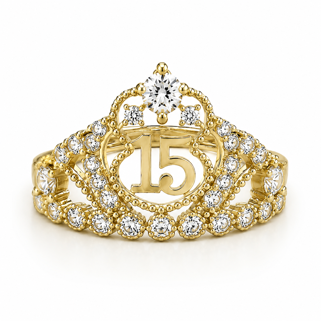 10kt Gold Womens Cubic-Zirconia 15 Anos Quinceanera Crown Ring