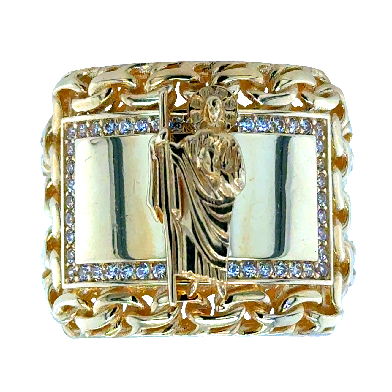 10KT Gold San Judas Chino Link Ring with CZ Free Engraving