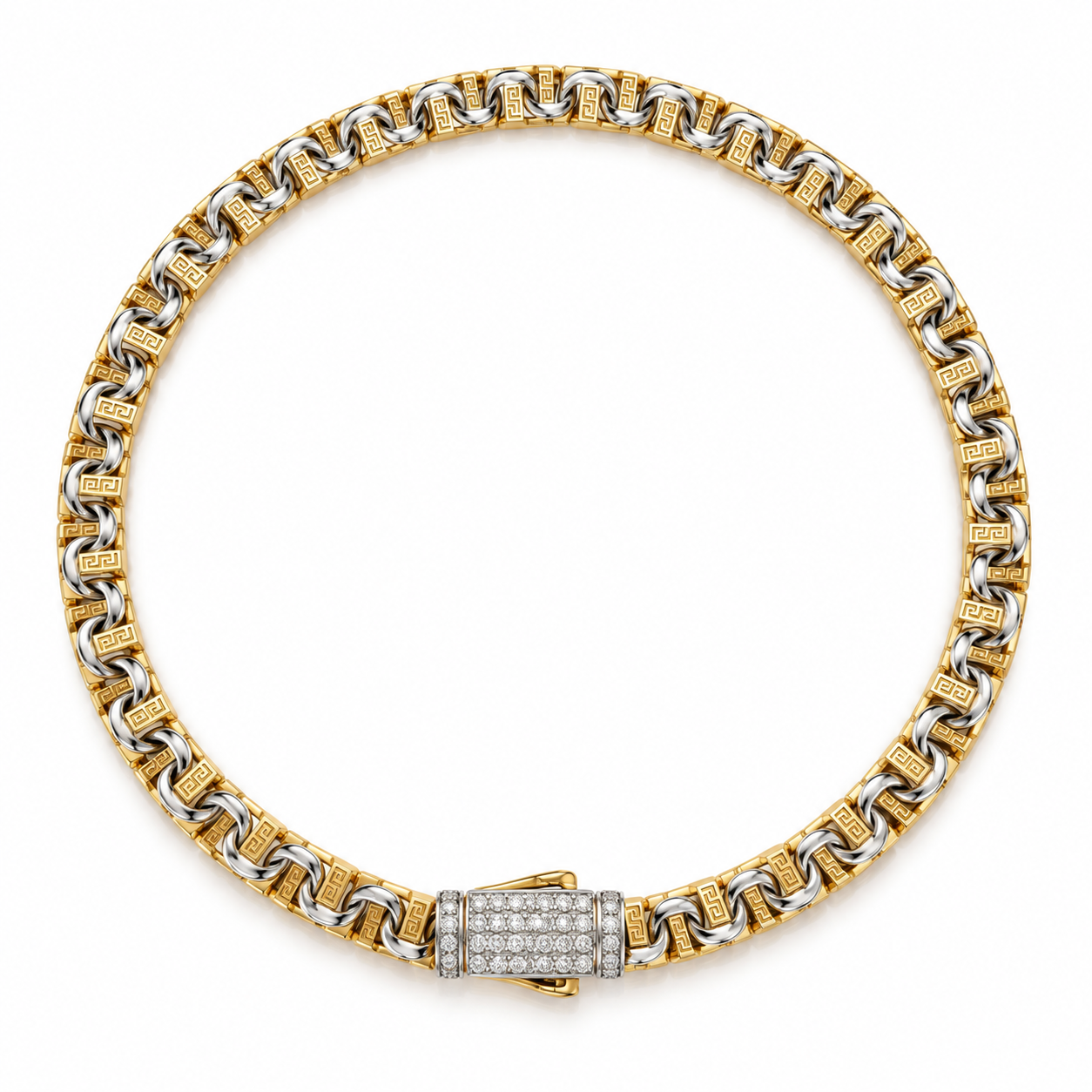 10KT Gold 4MM Chino Bar Bracelet with Greek Bars, Diamond Cut Links, F
