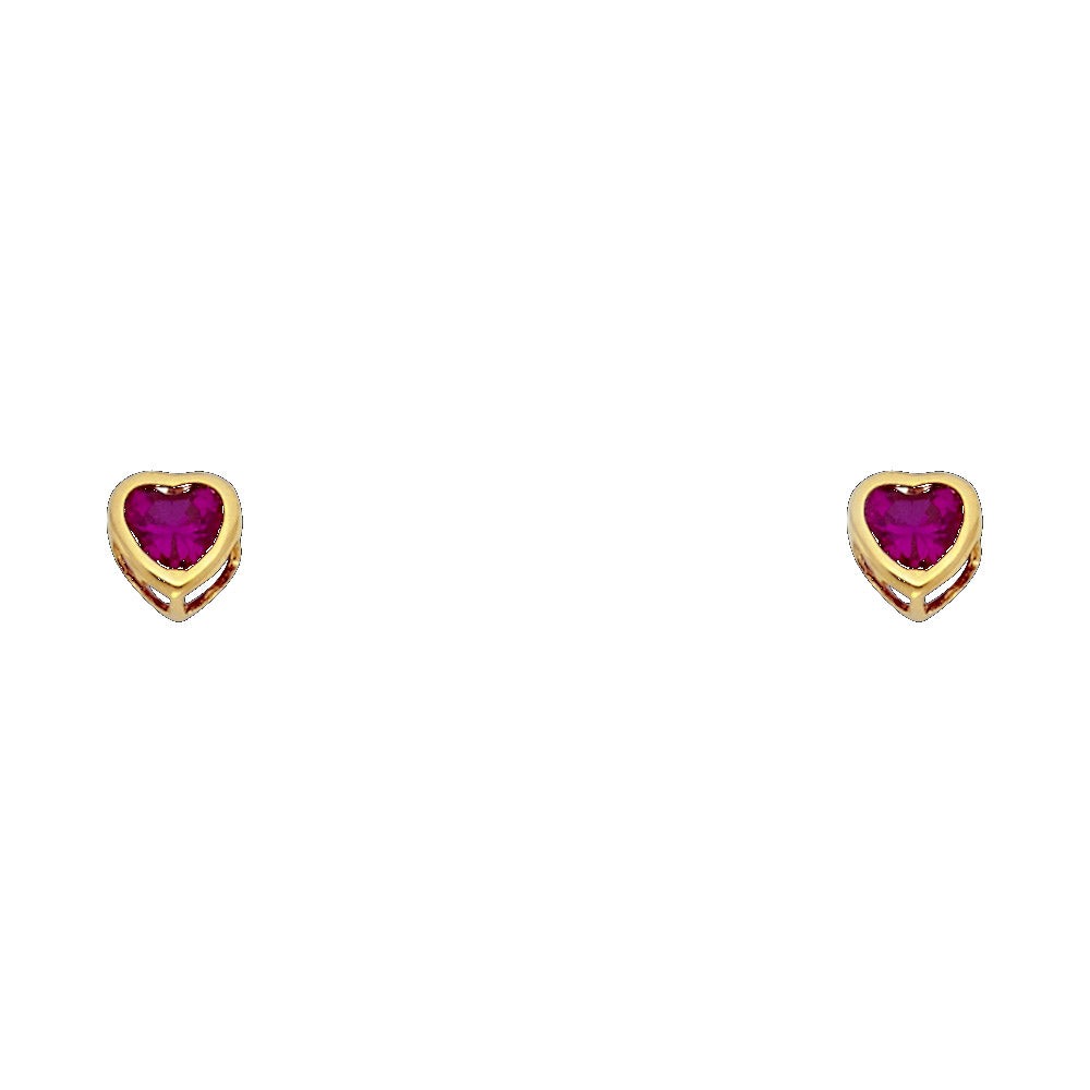 10KT Gold 3MM Red Heart Bezel CZ Earrings with Screwbacks