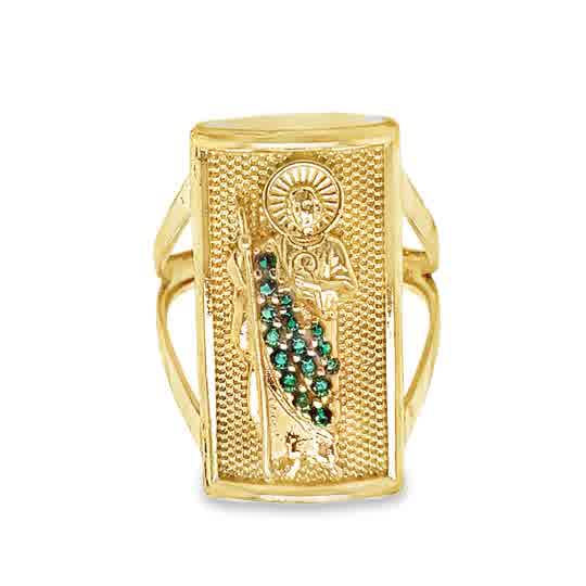 10KT Gold Rectangle San Judas Ring with Green Stones