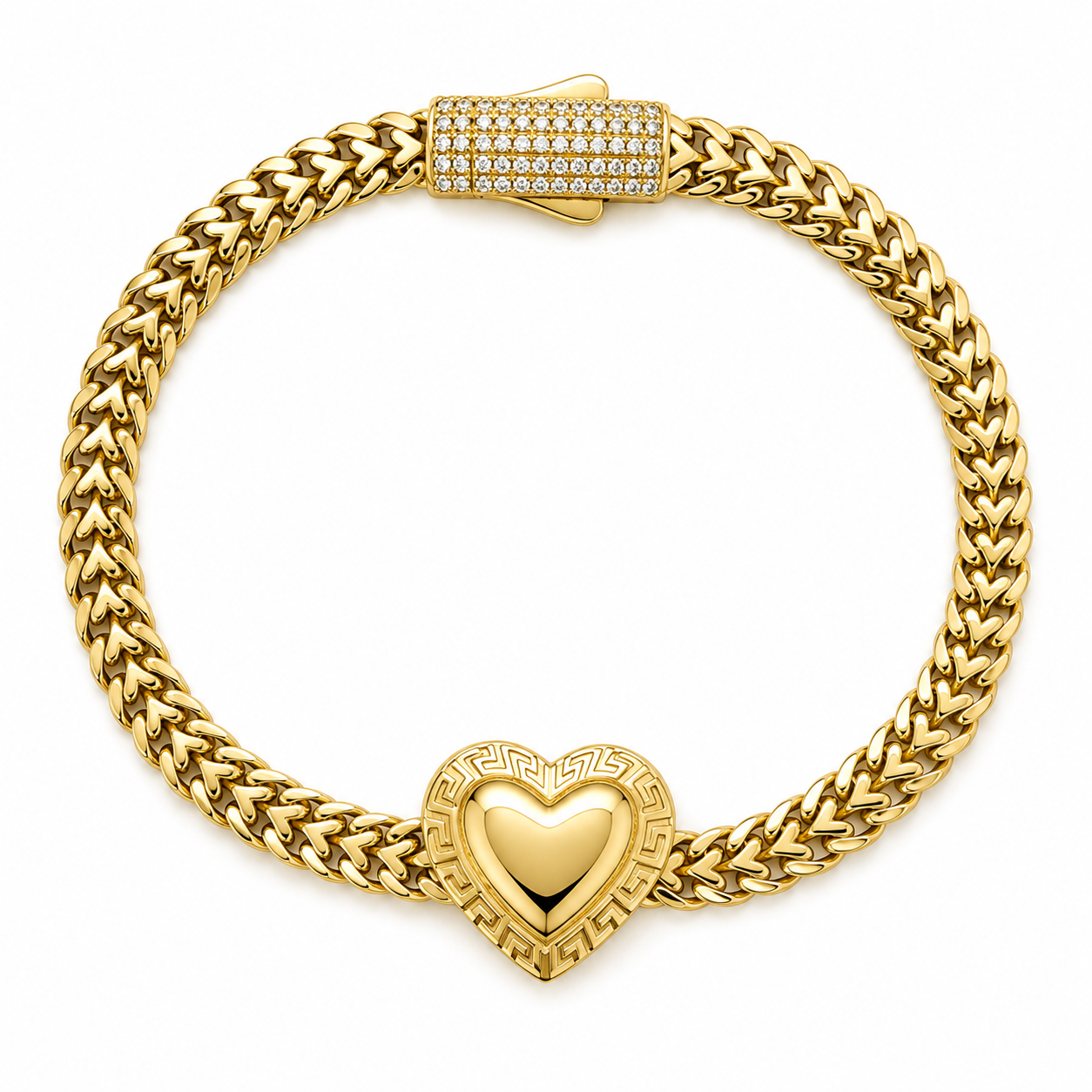 10KT Gold 5MM Double Petatillo Monaco Heart Bracelet with Greek Border