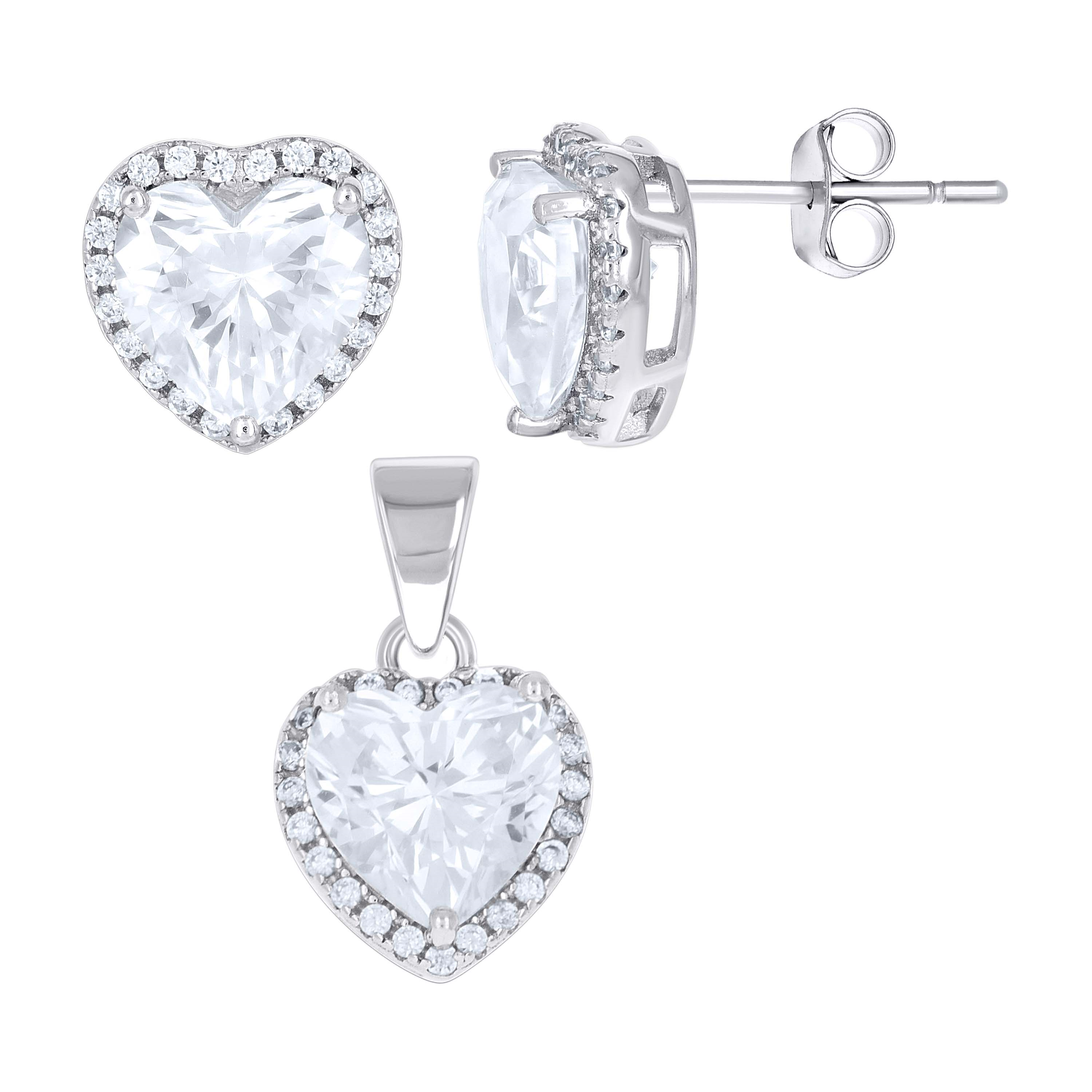 925 Sterling Silver Womens Heart Round Cubic-Zirconia Heart Earrings A