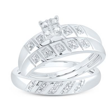 10k White Gold Round Diamond Cluster Matching Wedding Ring Set 1/12 Ct