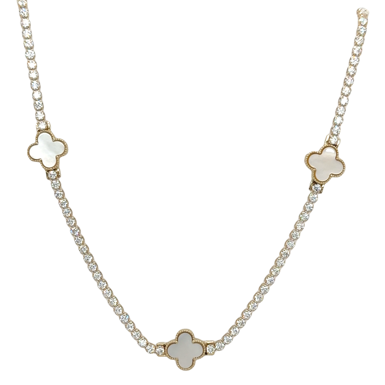 10KT Gold Tennis Necklace with White Clovers 17