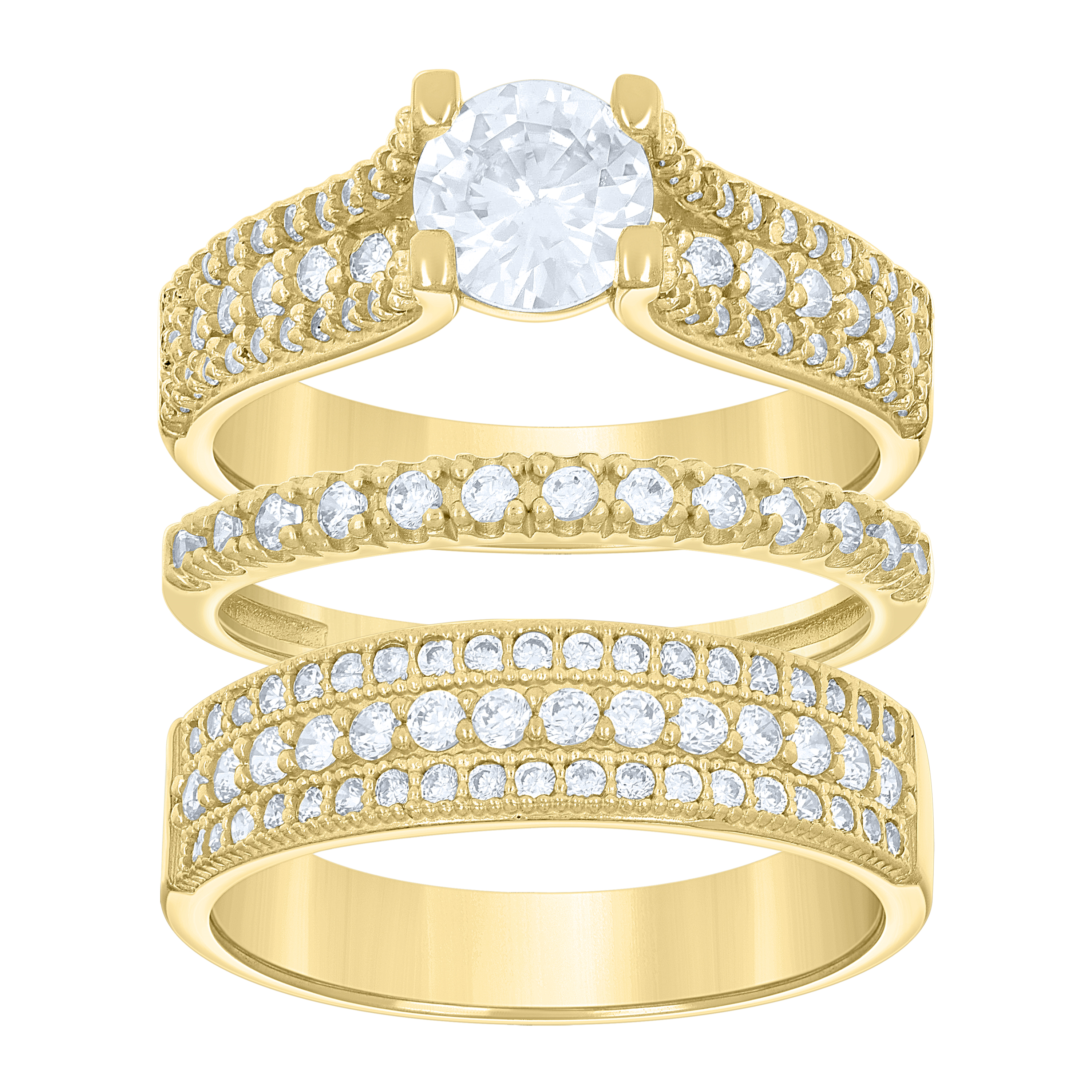 10kt Yellow-Color Gold Wedding Cubic-Zirconia Trio Ring His and Hers S