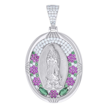 925 Sterling Silver Womens Red/Green White Cubic-Zirconia Virgin of Guadalupe Religious Charm Pendant
