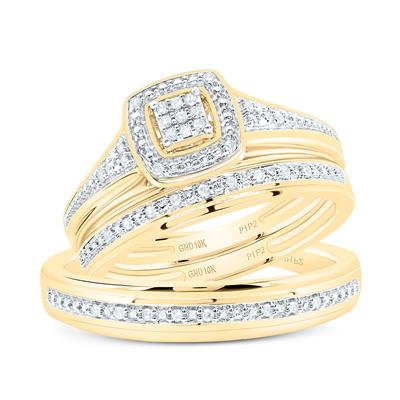 10k Yellow Gold Round Diamond Cluster Matching Wedding Ring Set 1/10 C
