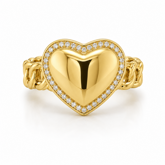 10KT Gold Chino Link Heart Ring with CZ Bezel